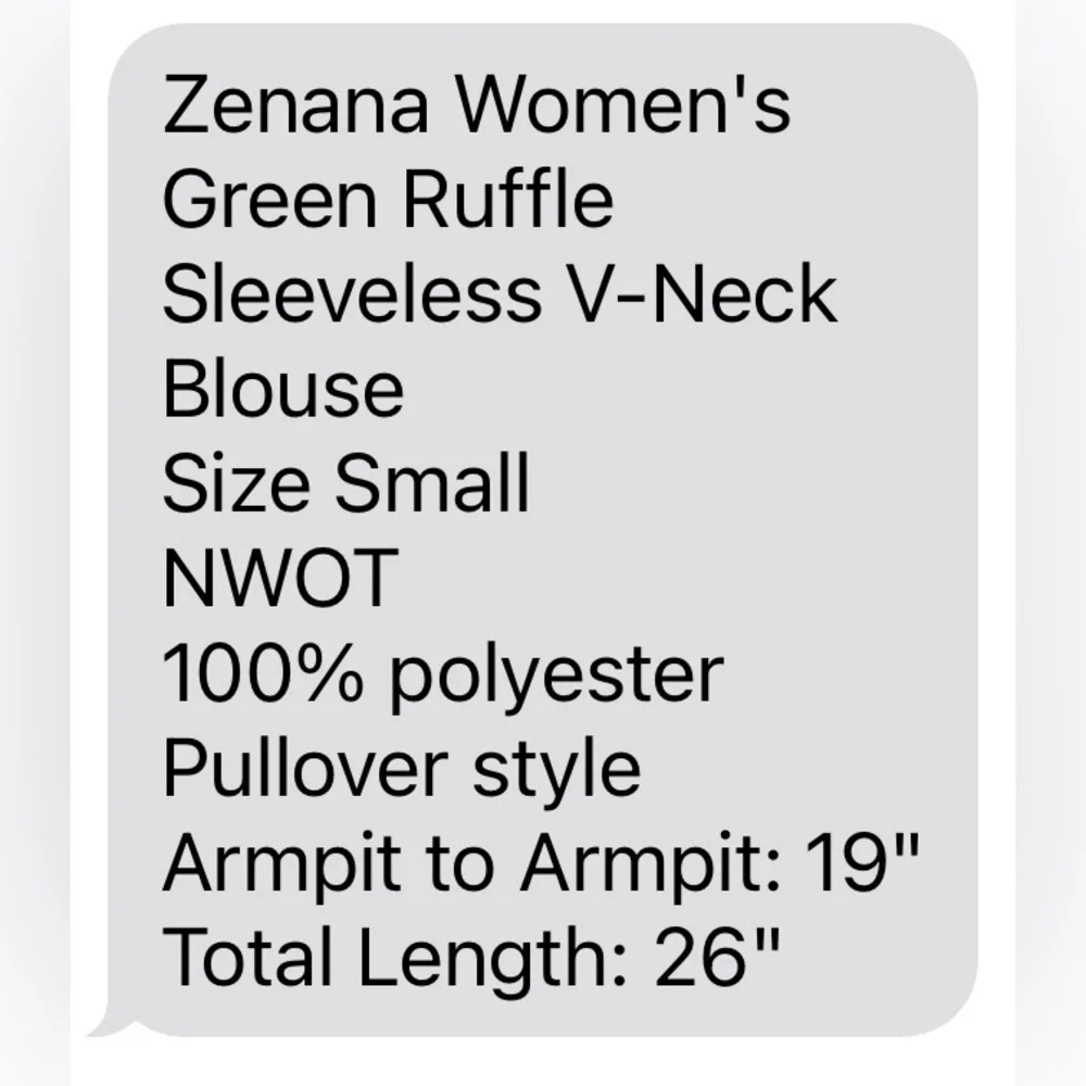 Zenana Ruffle Sleeveless V-Neck Blouse 
Sz Small Chartreuse/Olive Green 
NWOT - Picture 5 of 5